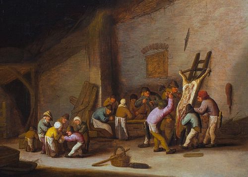  PEASANTS & CARCASS OIL PAINTING