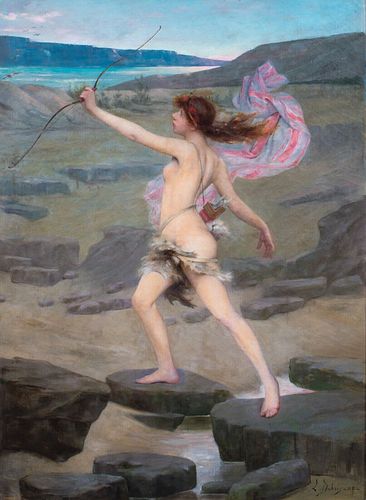 PORTRAIT OF A NUDE GIRL AS HUNTRESS DIANA OIL PAINTING