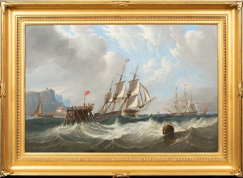 SHIP IN A SWELL OFF THE PIER OIL PAINTING