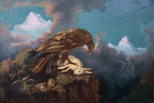  EAGLE & RABBIT IN THE ALPS OIL PAINTING