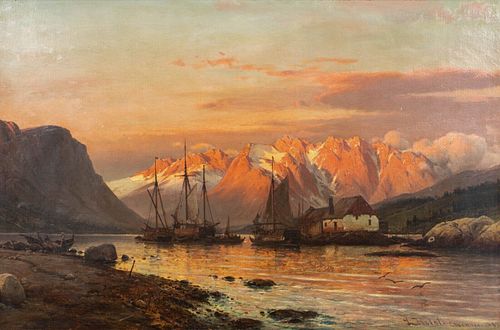  VIEW OF THE FJORD AT SUNSET OIL PAINTING