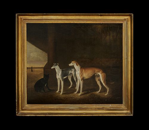 PORTRAIT OF GREYHOUNDS & DOG OIL PAINTING