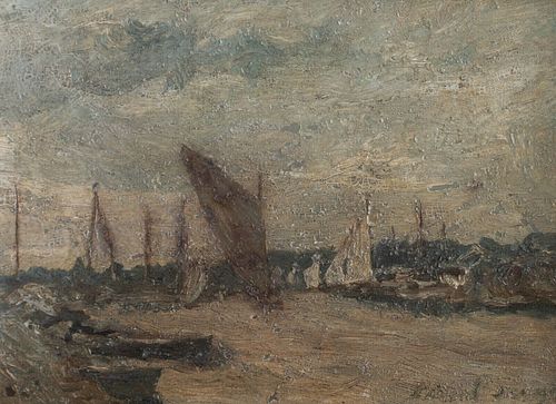BOAT HARBOUR OFF THE SUFFOLK OIL PAINTING