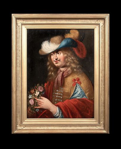 PORTRAIT OF A CHEVALIER HOLDING FLOWERS OIL PAINTING