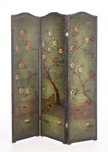 Decorative Painted Leather 3-Panel Screen