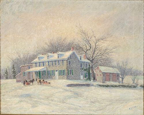 A. Staub, Snowy Landscape with House, Oil on Canvas