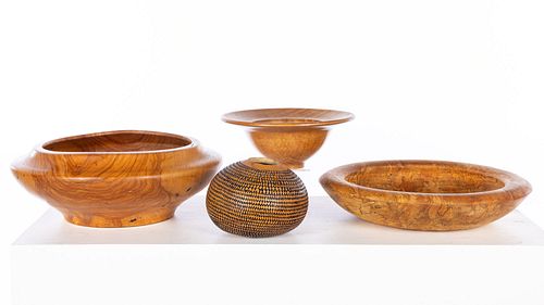 Three Turned Wood Bowls and a Chip-Carved Vessel