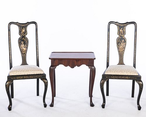 Queen Anne Style Mahogany Tea Table & Pair of Chairs