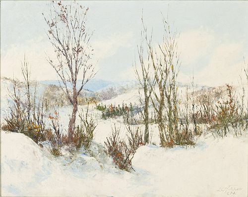 L.C. Mitchell, Snowscape with Trees, 1974, O/B