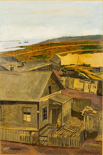 Warm, Clapboard Houses with River, 1958, Oil on Canvas