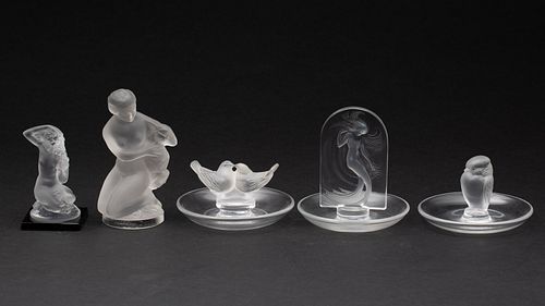 3 Lalique Glass Ring Holders and 2 Lalique Figurines