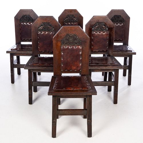 6 German Arts & Crafts Oak Side Chairs, c. 1900