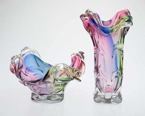 European Multicolored Glass Vase and Bowl