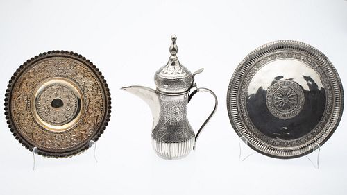 Saudi Silvered-Metal Coffee Pot and 2 Trays