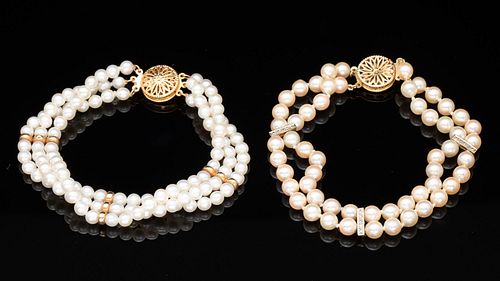 Two Multi-Strand Pearl and 14K Gold Bracelets