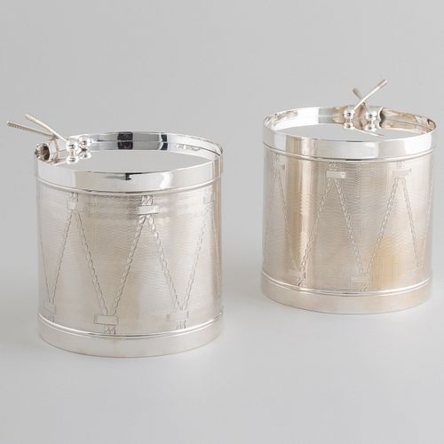 Pair of English Silver Plate Drum Form Biscuit Barrels