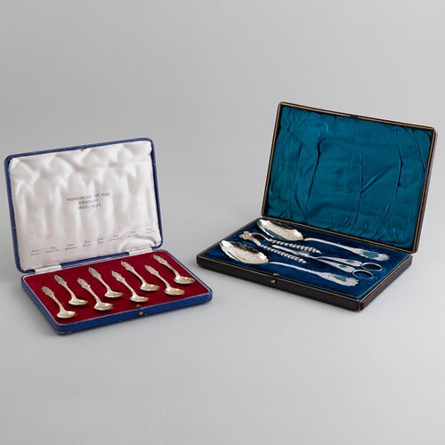 Set of Eight English Silver Monarch of the Century Demitasse Spoons and a Silver Plate Fruit Service