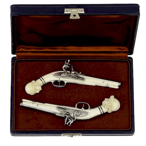 Pair Of Miniature Dutch Ivory Stock Pistols