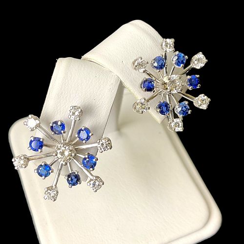Pair 14 kt White Gold, Diamond and Sapphire Snowflake Earrings