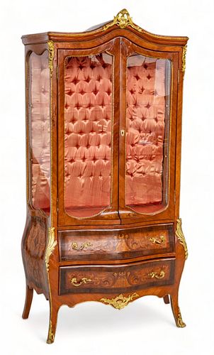 Louis XVI Style Marquetry Curio Cabinet, H 75.5" W 40" Depth 17.5"