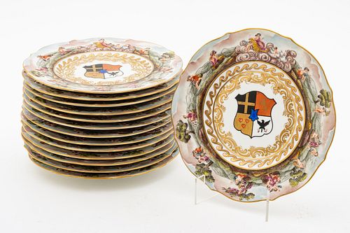 Ginori, Capo-di-Monte (Italian) Hand Painted Porcelain Armorial Cabinet Plates,  19th C., Dia. 8.75" 14 pcs