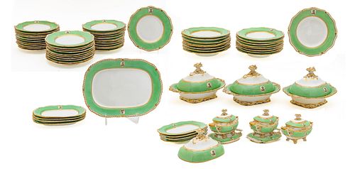English Regency Era Soft Paste Porcelain Partial Dinner Service, Celadon Green & Fired Gold, Ca. 1810, W 15" L 21" 67 pcs