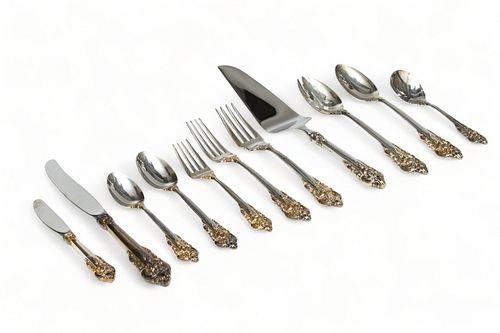 Wallace (American) 'Grand Baroque' Sterling Silver Flatware, with Gold Highlights, 53.7t oz 53 pcs