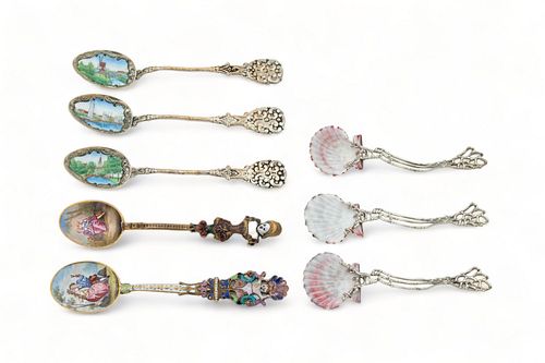 Enamel Decorated Collector Silver Spoons, (2 Double Sided) Ca. 1900, 8 pcs