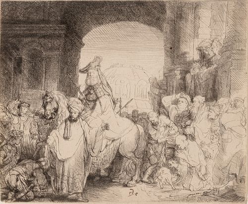 Rembrandt Van Rijn (Dutch, 1606-1669) Etching And Drypoint on Watermarked Laid Paper, 1641, "The Triumph of Mordecai", H 6.93" W 8.31"