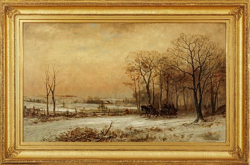 James Brade Sword (American, 1839-1915) Oil on Canvas, Ca. 1880, "The Sleigh Ride", H 30" W 50"