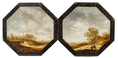 Circle of Salomon Van Ruysdael (Dutch, 1602-1670) Oils on Panel, Ca. 17th C., "Dutch Landscapes", H 11.75" W 12.25" 2 pcs