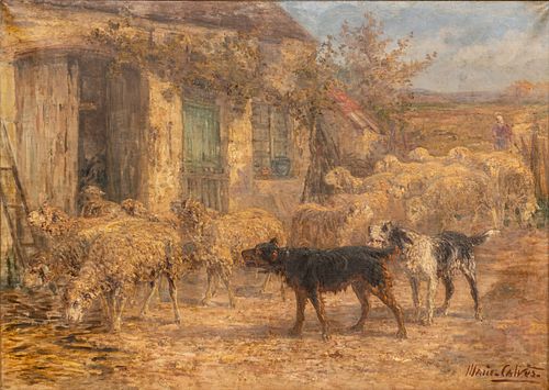 Marie Didière Calves (French, 1883-1957) Oil on Canvas, "Returning from Pasture", H 51" W 71"