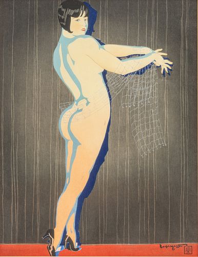 Ishikawa Toraji (Japanese, 1875-1964) Woodblock in Colors on Paper, 1934, "Dance (Odori)", H 15" W 11.75"
