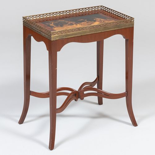 Continental Brass-Mounted Penwork and Mahogany and Fruitwood Marquetry Side Table 