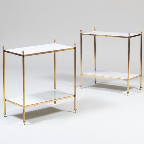 Pair of Modern Brass and Marble Two-Tier End Tables