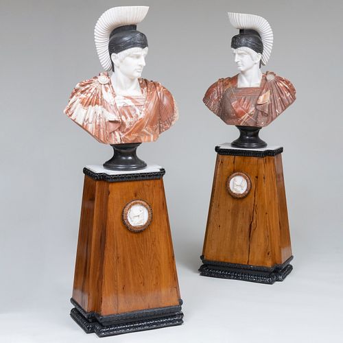 Pair of Marble Busts of Caesars on Egyptian Revival Fruitwood and Ebonized Pedestals, Modern