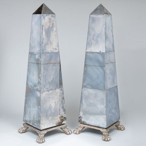 Pair of Modern Silver-Gilt Mirrored Obelisks, in the Manner of Serge Roche