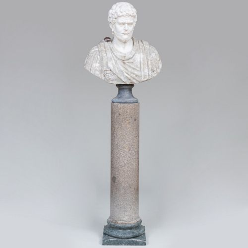 Italian Marble Model of a Bust of Emperor Caracalla on a Marble Columnar Pedestal, Modern