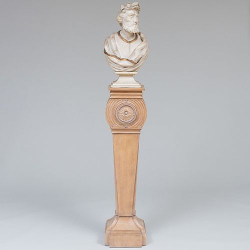 Painted and Parcel-Gilt Wood Bust of St. Louis with Laurel Wreath on Bunny Williams 'Gustave' Faux Pine Pedestal