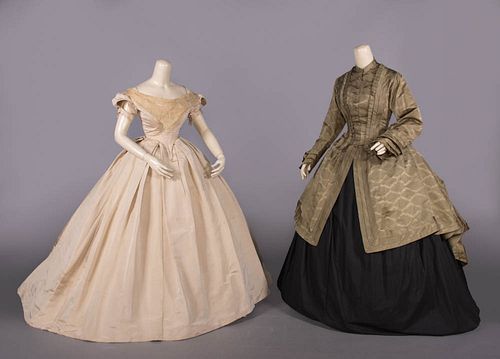EVENING GOWN & PATTERNED SILK OVERDRESS, 1865-1870