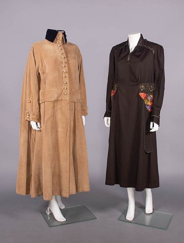 SUEDE COAT & WOOL DAY DRESS, c. 1914 -1915