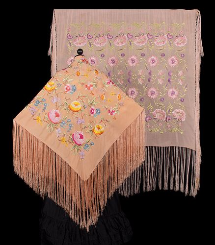 TWO FLORAL EMBROIDERED CANTON SHAWLS, 1930-1940s