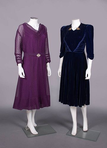 TWO COTTON NET OR SILK VELVET DINNER DRESSES, 1930-1940