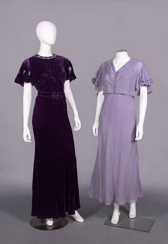 TWO SILK VELVET OR CREPE EVENING DRESSES, MID 1930s