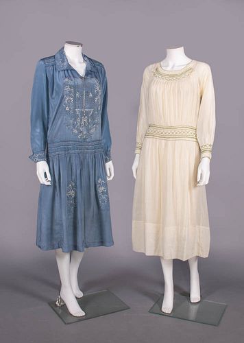 TWO EMBROIDERED & SMOCKED DAY DRESS, MID 1920s