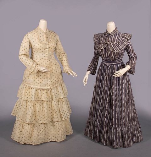 TWO COTTON DAY OR AT-HOME DRESSES, c. 1880 & c. 1900