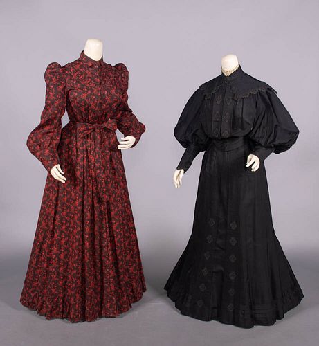 ONE COTTON WRAPPER & ONE SILK MOURNING DRESS, 1900-1905