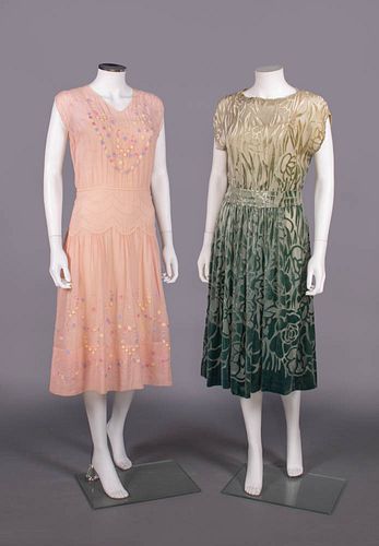 TWO COTTON OR VELVET DAY DRESSES, EARLY 1930s