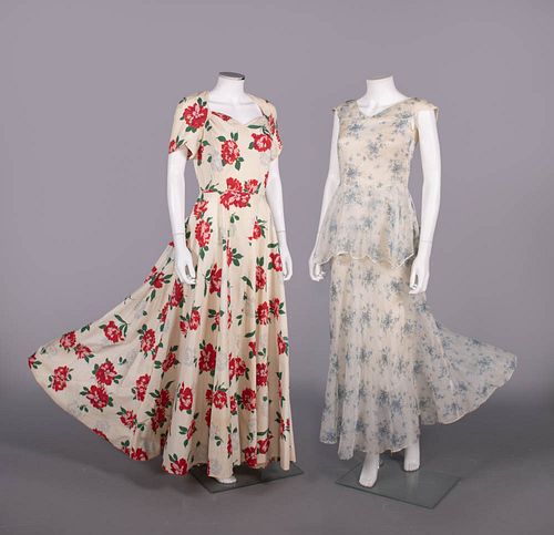 TWO PRINTED COTTON PARTY DRESSES, c. 1931 & c. 1941