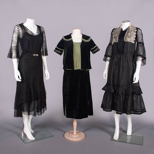 THREE BLACK SILK OR VELVET DAY & EVENING DRESSES, 1920-1930s